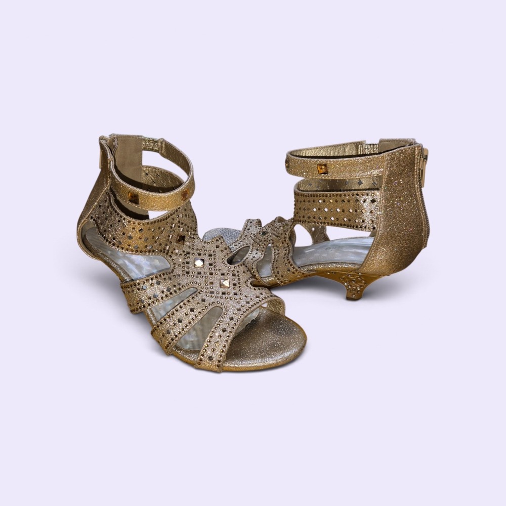 Girls Gold Glitter Gladiator Kitten Heel Sandals Rhinestone Dress Shoes Size 13